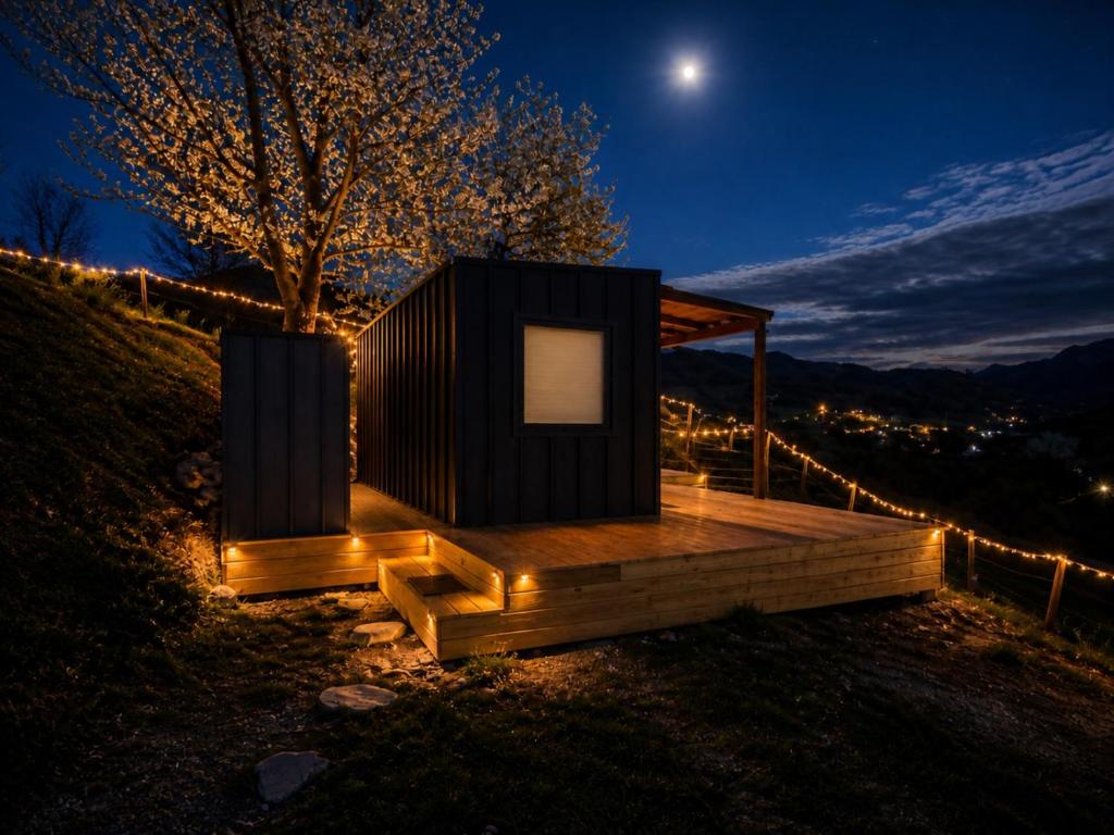 a tiny house on a hill at night at The Tiny House in Râşnov