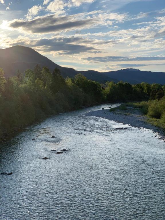 a view of a river with trees and the sky at s‘Fleckerl in Lenggries