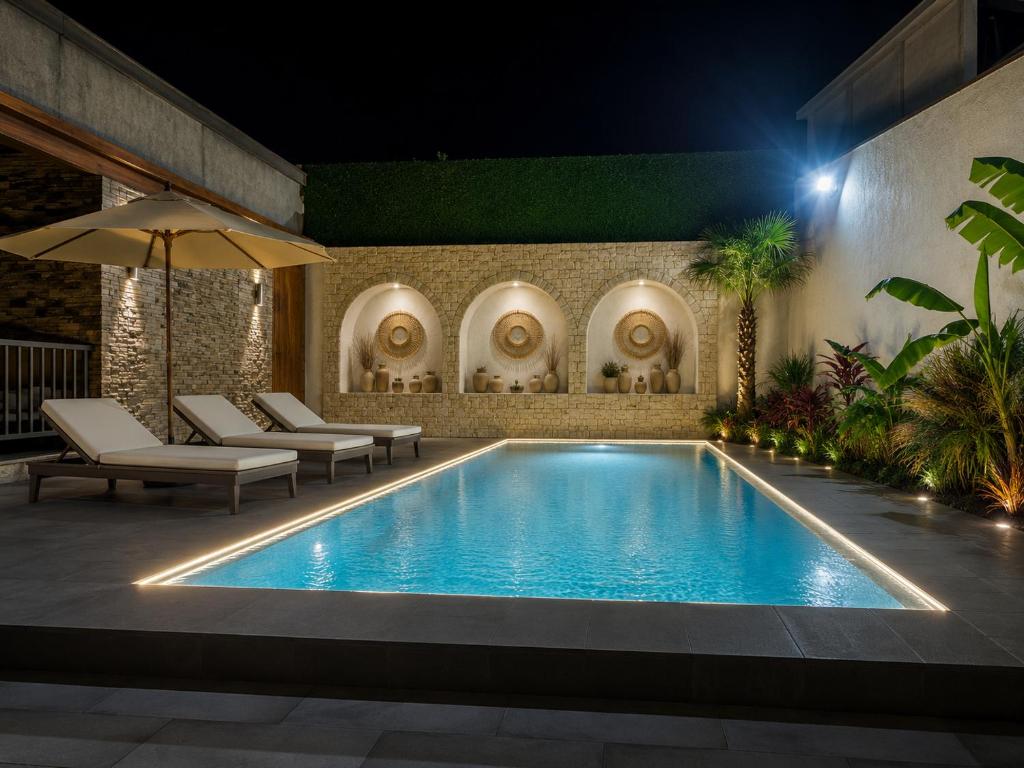 a swimming pool with lounge chairs and an umbrella at Sunnyside cottage Bilgah in Bilgah