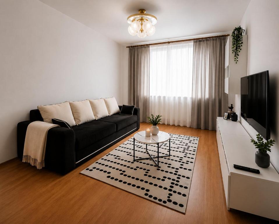 a living room with a black couch and a television at NiC Apartment in Râmnicu Vâlcea