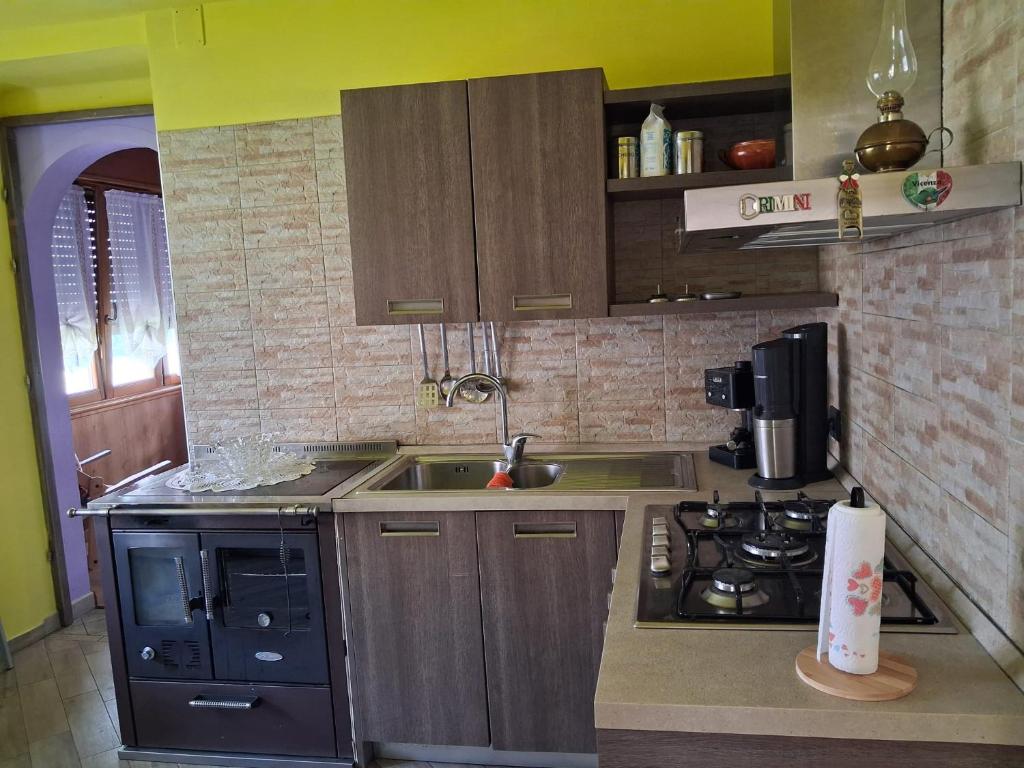 a kitchen with wooden cabinets and a sink and a stove at Dai Barèta in Dare