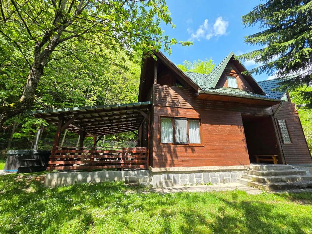 a small house in the grass with a tree at Cabana Anita in Sovata