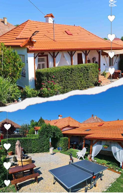 two pictures of a house with a ping pong table at Tisza-tavi Menedék in Poroszló