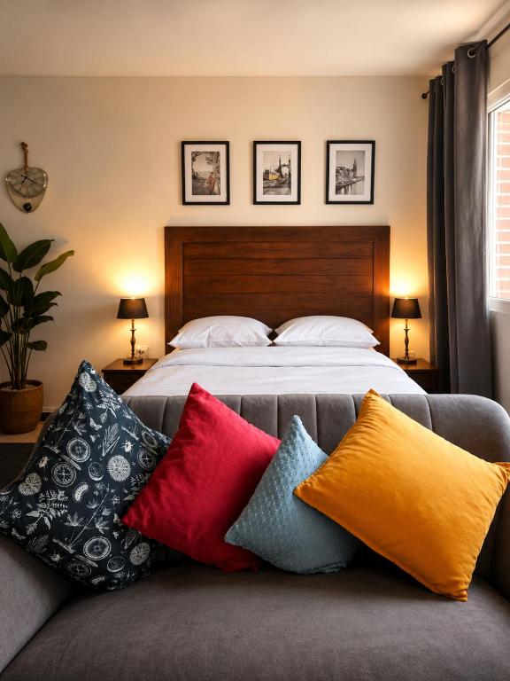 a bedroom with a bed with colorful pillows on a couch at Le 61 Roosvelt in Amiens