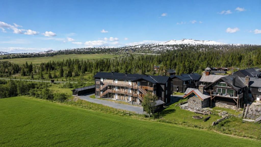 an aerial view of a large house in a field at Golsfjellet Apartment with Sauna in Gol