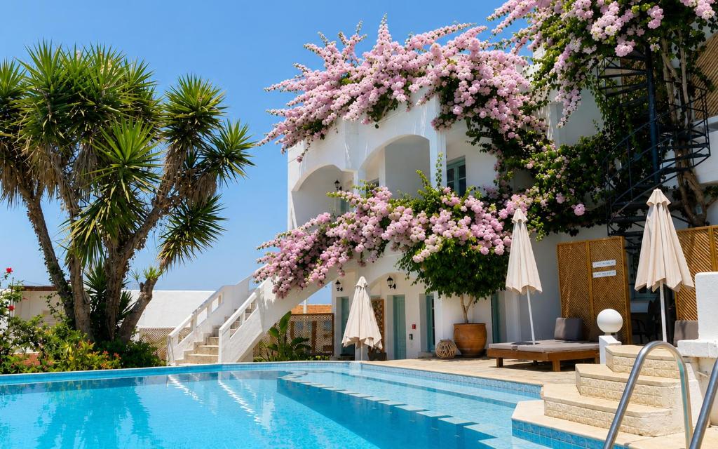 a villa with a swimming pool and pink flowers at Kurmulis Studios in Stalos