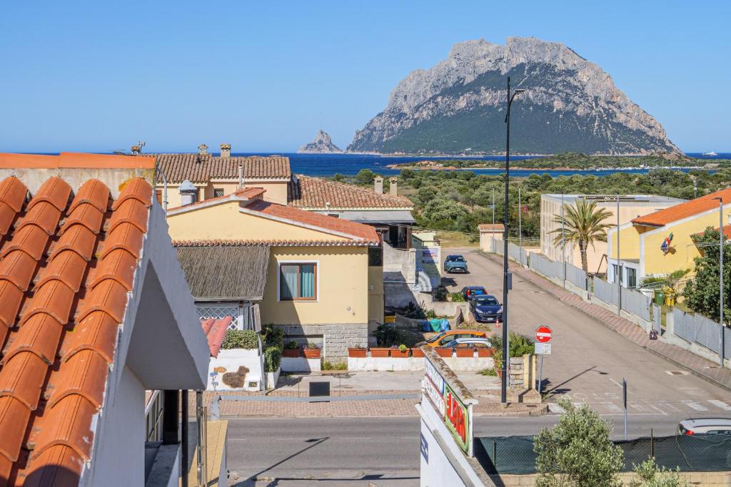 a view of a town with a mountain in the background at Bella Vista su tavolara 4 in Porto San Paolo