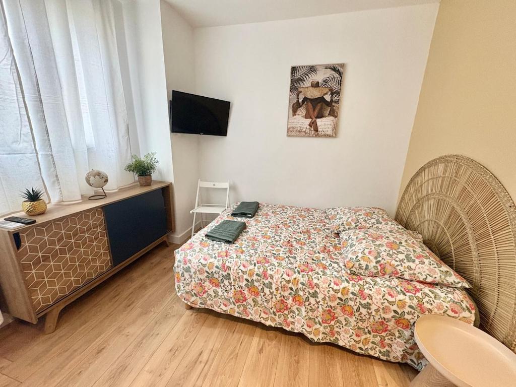 a bedroom with a bed and a television in it at Coudert l Petit studio côté rue l Rez-de-chaussée en Hypercentre & climatisé in Castres
