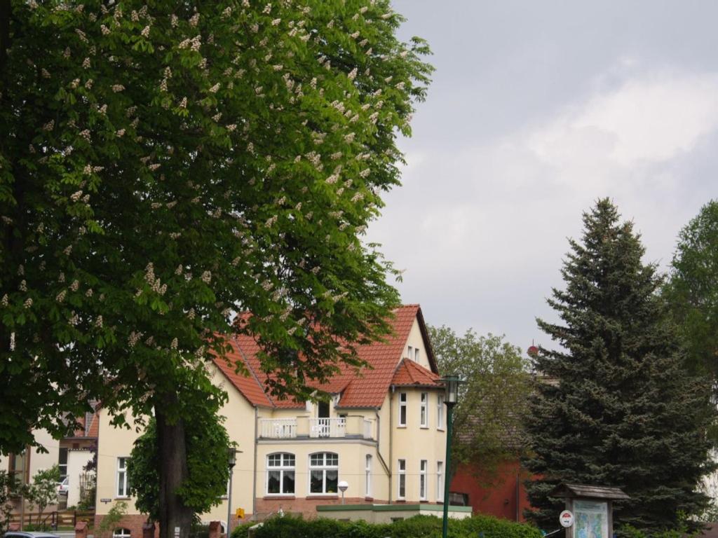 a large white house with a red roof at Villa am Oberpfuhl in Lychen