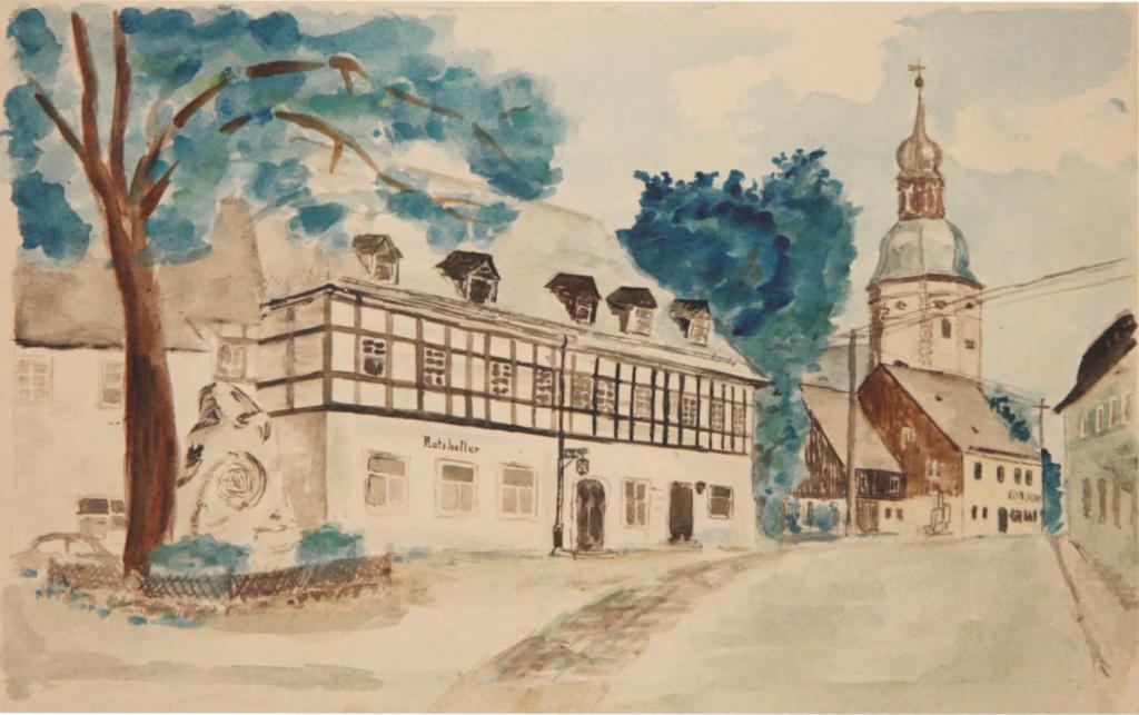a painting of a building and a church at Ratskeller Geising in Geising
