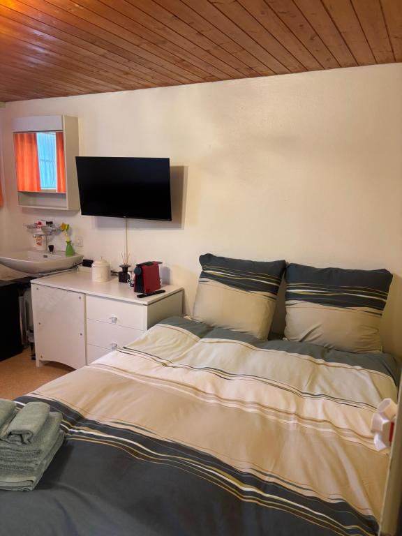 a bedroom with a bed and a tv on the wall at Ferienzimmer Appenzell in Appenzell