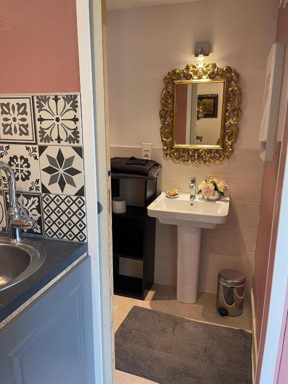 a bathroom with a sink and a mirror at La rosée in Montanay