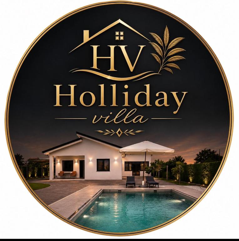 a sign for a house with a swimming pool at Holliday Villa in Tirana