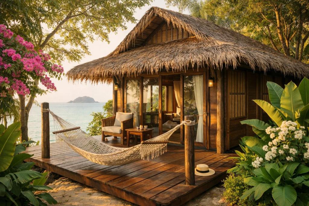a hammock in front of a resort with the ocean at Eco Lanta Hideaway Beach Resort in Ko Lanta