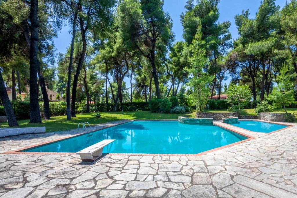 an image of a swimming pool with a stone patio and trees at NeonChic Jacuzzi and Pool Villa in Sani Beach