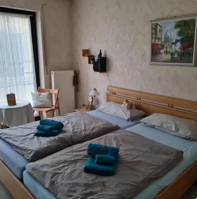 two beds in a bedroom with blue pillows on them at Drachenfels Nest in Königswinter