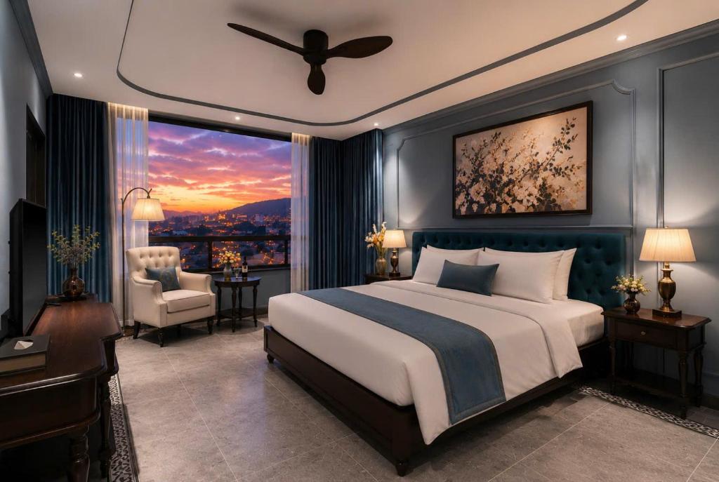 a bedroom with a king sized bed and a window at Lumina Premium- HT Boutique 2 - Đống Đa in Da Lat