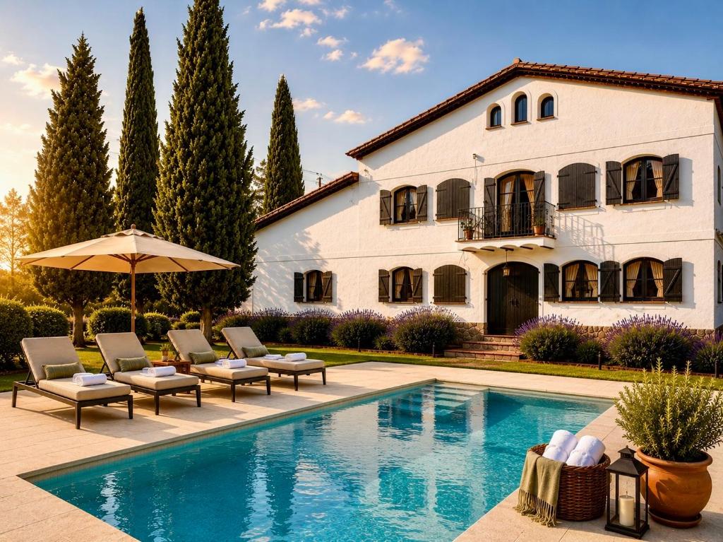 a pool in front of a house with chairs and an umbrella at Le Mirage in Cambrils
