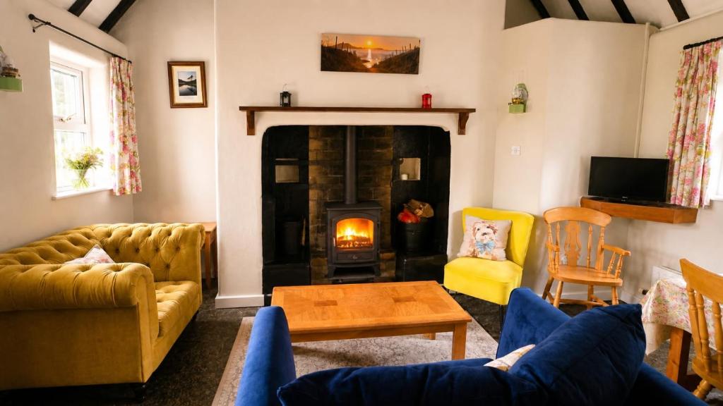 a living room with a couch and a fire place at Wild Rowan Cottage - 2 Bedroom in Louisburgh