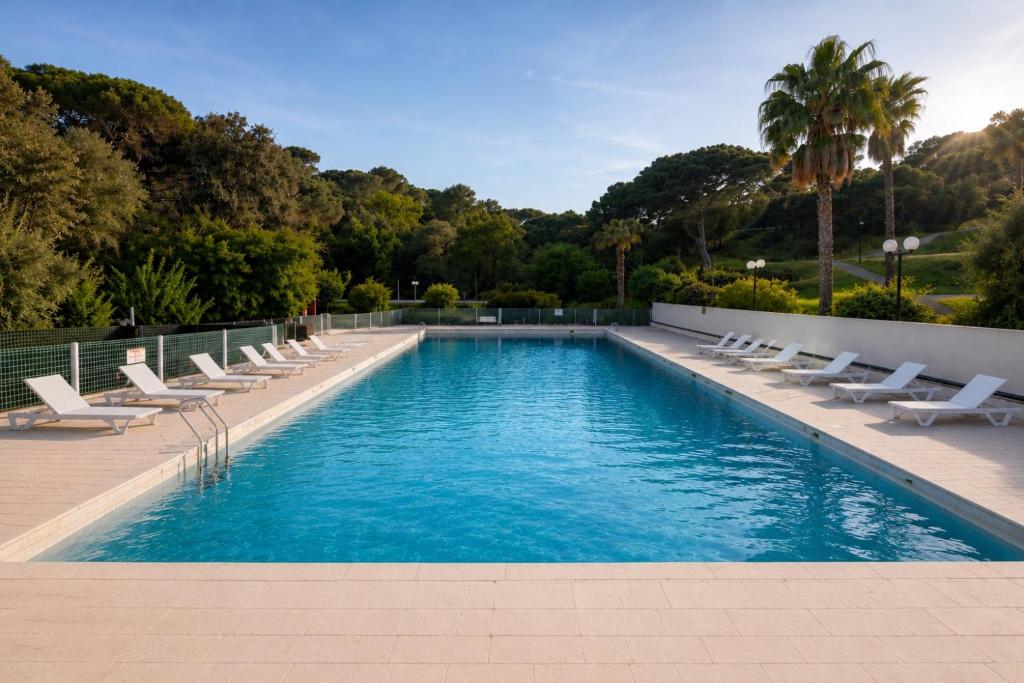 a swimming pool with lounge chairs and palm trees at Charmant studio avec terrasse in Fréjus