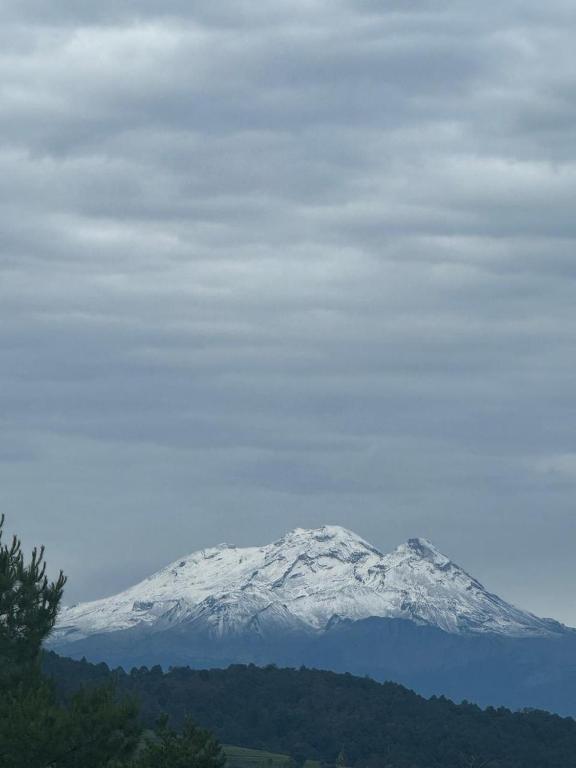 a snow covered mountain in the distance with trees in the foreground at Centro Ecoturístico Rancho Buenavista in Nanacamilpa