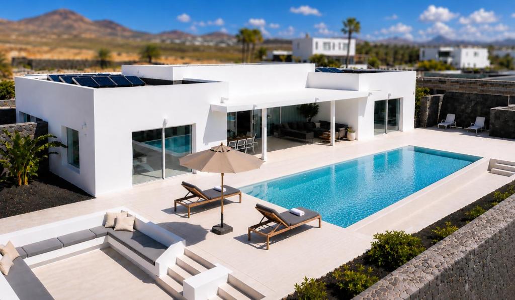 an aerial view of a house with a swimming pool at Villa Ainé Luxury Villa, Sea Views, Heated pool in Puerto Calero