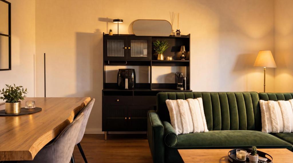 a living room with a green couch and a table at Dreiländer Blick Apartment Premium in Lörrach