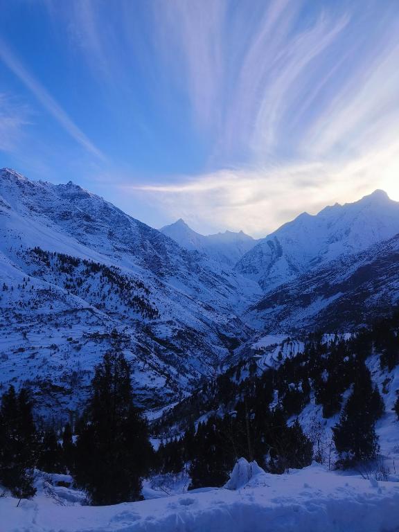 a snowy mountain range with trees and snow covered mountains at Gremuspa Homestay in Kyelang
