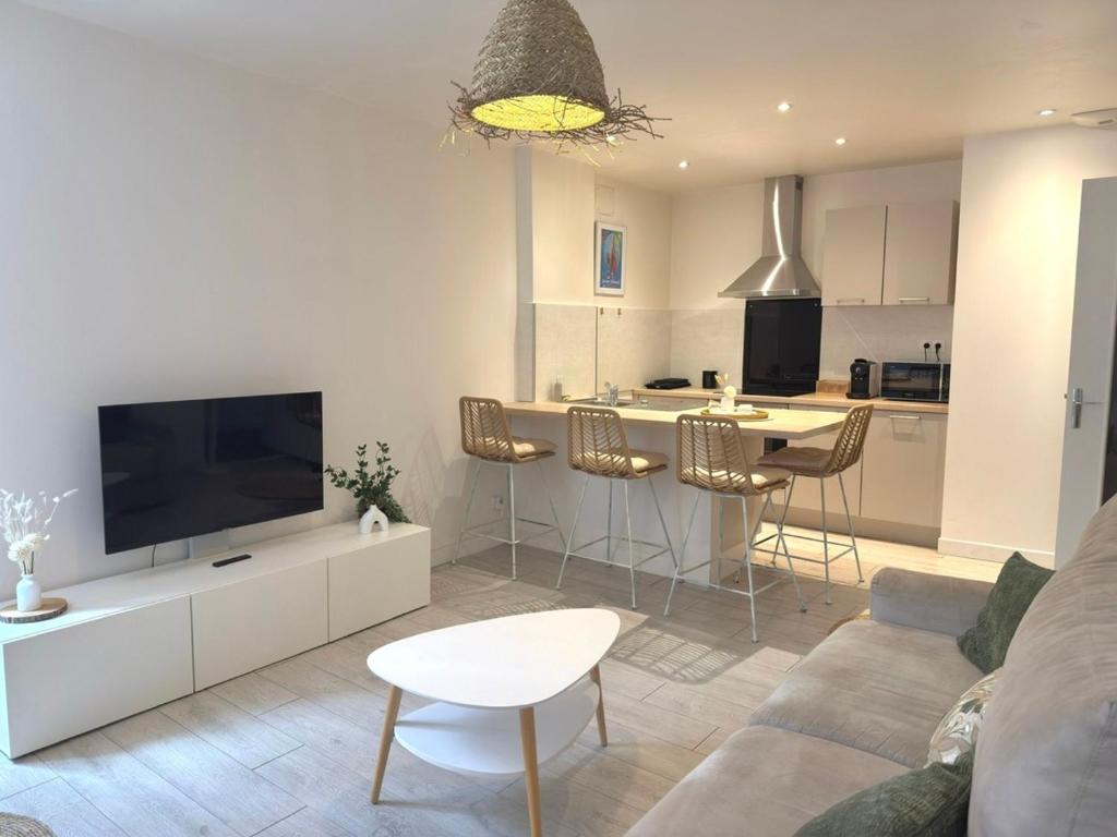 a living room with a tv and a kitchen at Le Cosy Caladois in Villefranche-sur-Saône