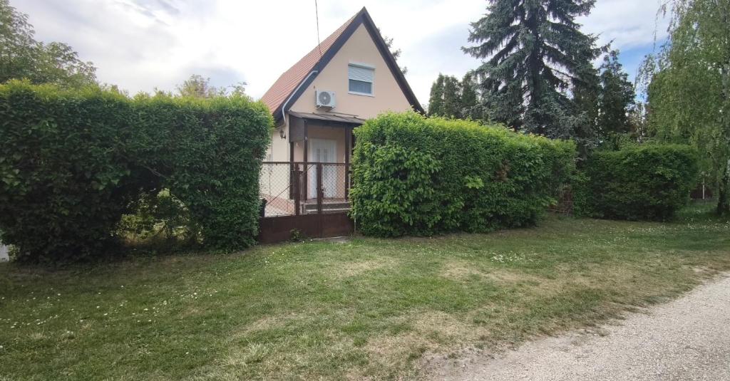 a house with a hedge in front of a yard at Hattyú Vendégház in Gárdony