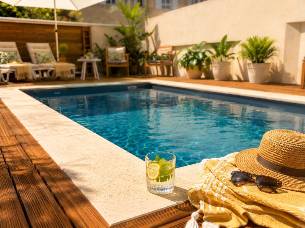 a swimming pool with a drink and a hat and sunglasses at Villa Prestige - Maison d Hôtes avec Piscine, Billard et Parking Privé - Centre 5 min - Proche A7-A9 in Orange