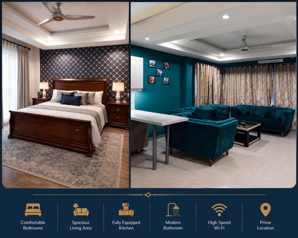 two pictures of a bedroom with a bed and a couch at SmartStay Residences in Rawalpindi