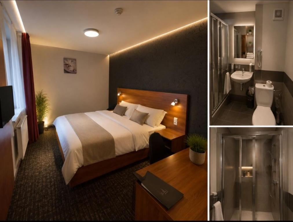 ein Hotelzimmer mit Bett und Badezimmer in der Unterkunft Hotel ELMA in Srbsko