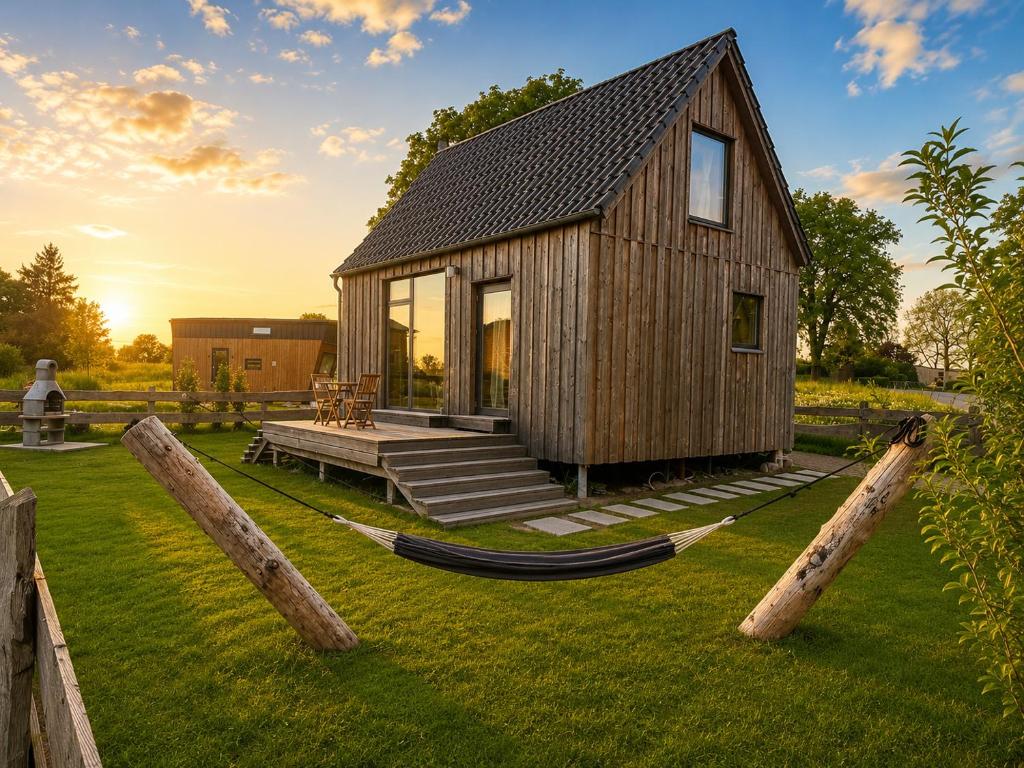 a tiny house with a hammock in a yard at Gemütliches Haus am Land mit privatem Whirlpool in Schwasdorf