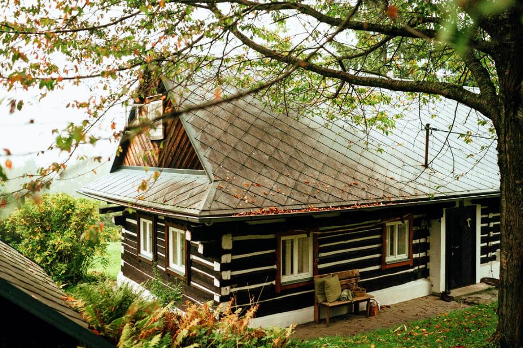 a house with a roof with a chair in front of it at Zenovna - Roubená chaloupka in Krásná