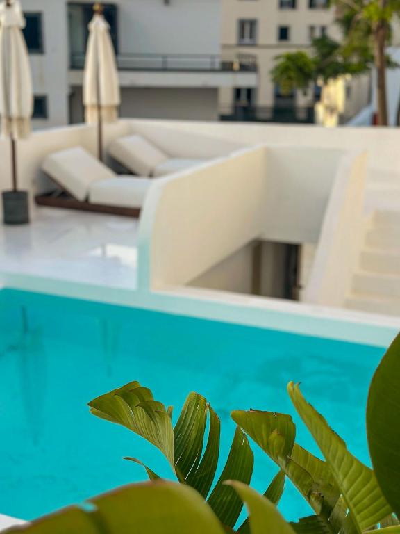 a view of a swimming pool with a couch at Terracotta House in Porto Santo