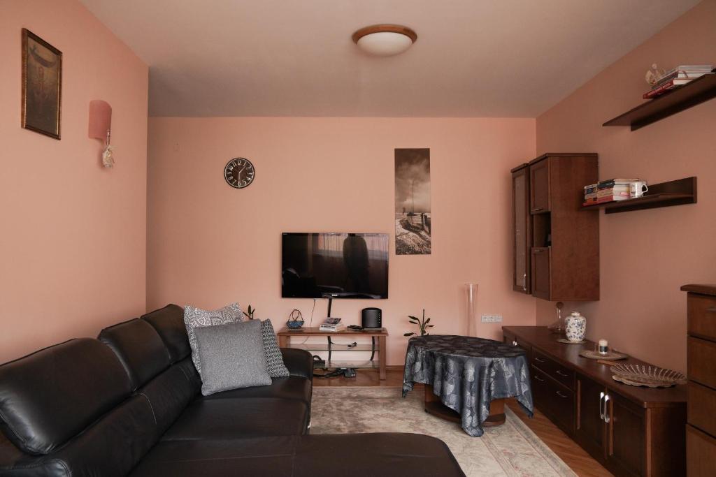 a living room with a black couch and a flat screen tv at Nida Center Studio Apartment in Neringa