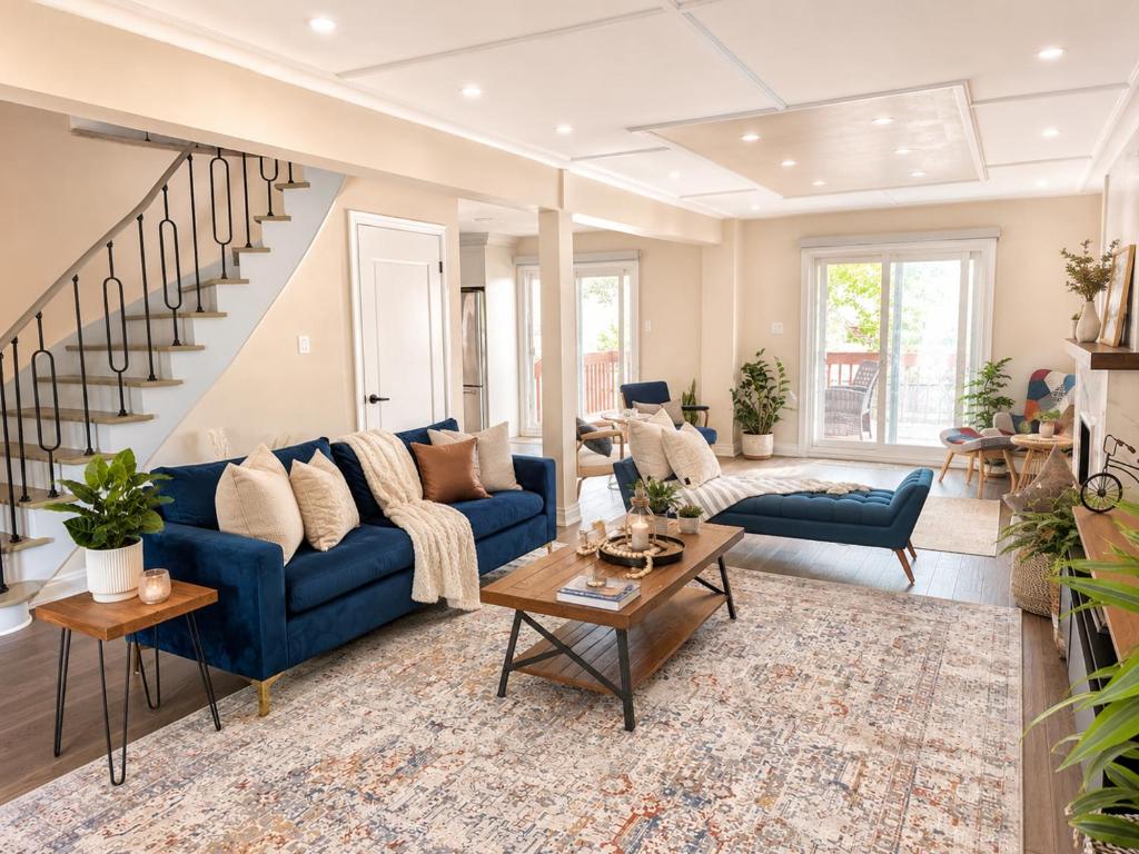 a living room with blue couches and a staircase at Lux 5BR Spacious Home Near Yonge St in Newmarket