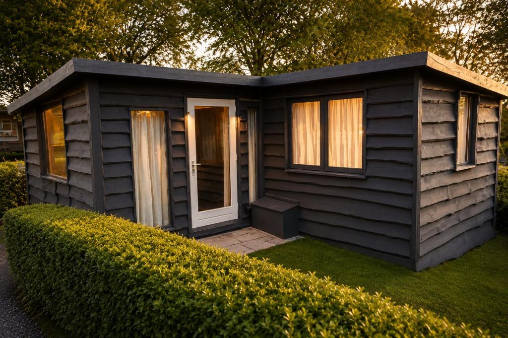 a black shed with a door in the grass at Tiny House nearby Spa Francorchamps in Amblève