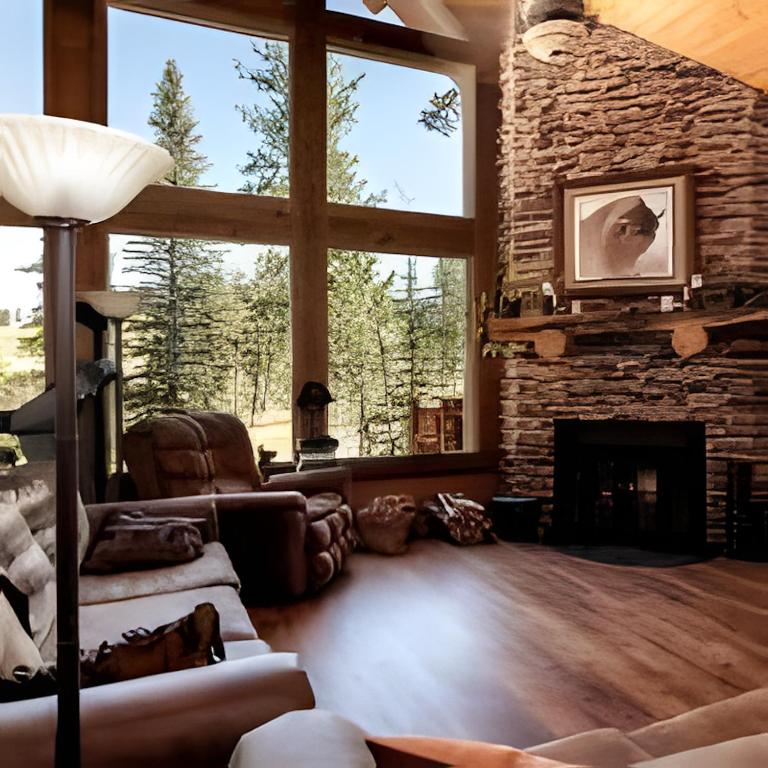 a living room with a stone fireplace and a large window at Destiny Luxury Log Cabin in Sturgis