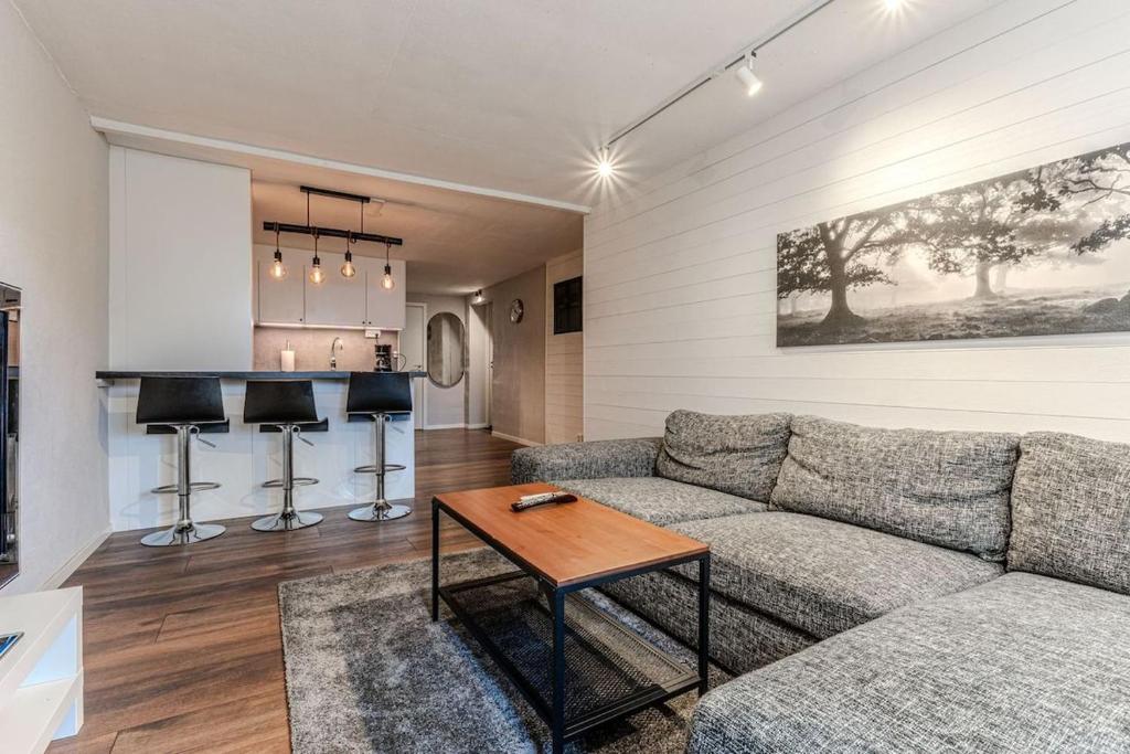 a living room with a couch and a table at Newly built souterrain apartment in Älvsbacka in Skellefteå