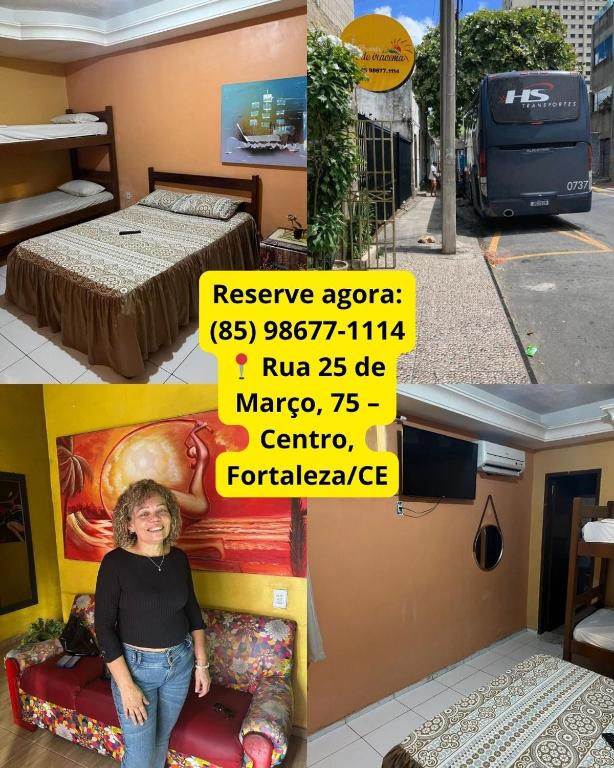 a woman is sitting on a couch in a room at Pousada Sol de Iracema Praia in Fortaleza