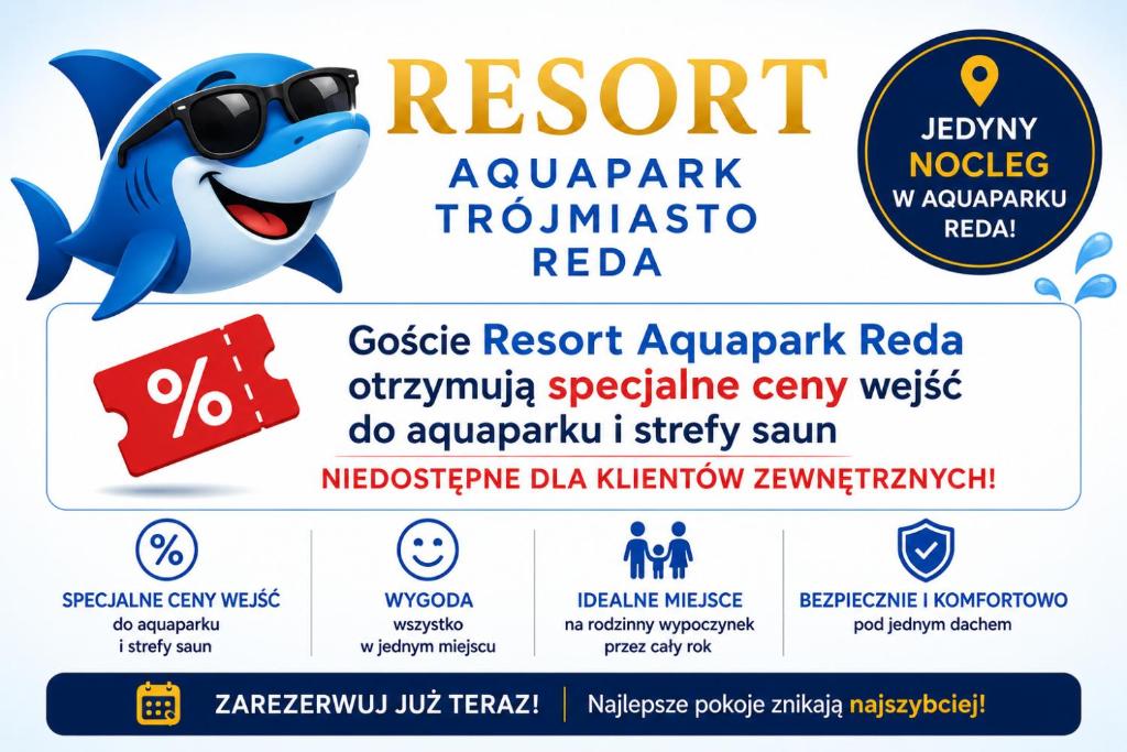 a flyer for a resort with a shark wearing sunglasses at Aquapark Reda Resort - jedyne noclegi w Aquaparku Reda in Reda