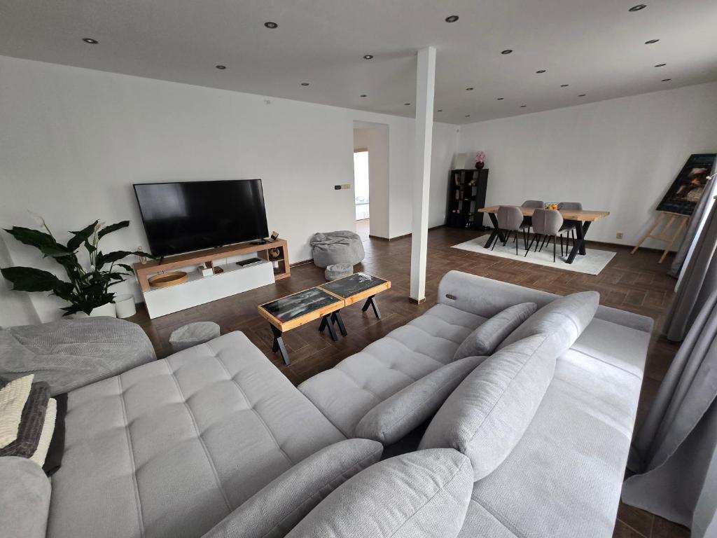 a living room with a couch and a tv at Post 25 in Slezská Ostrava