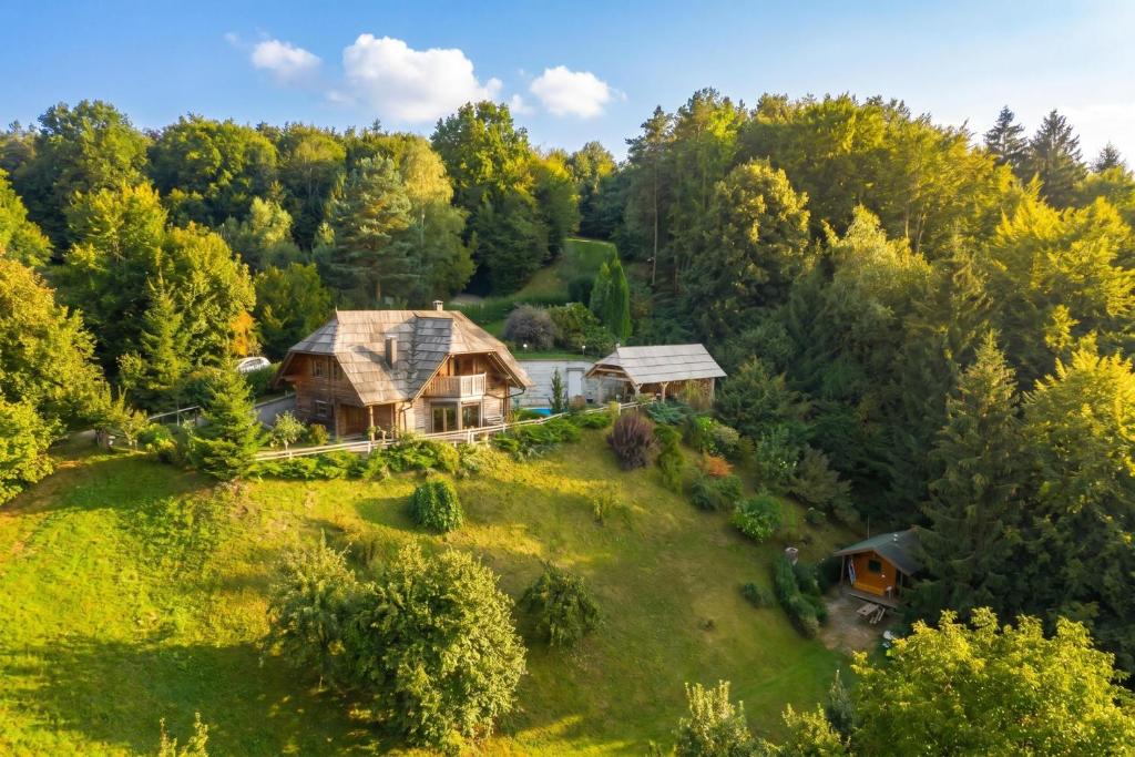 an aerial view of a home on a hill with trees at Mountain Chalet Podgorje with Pool - Happy Rentals in Slovenj Gradec