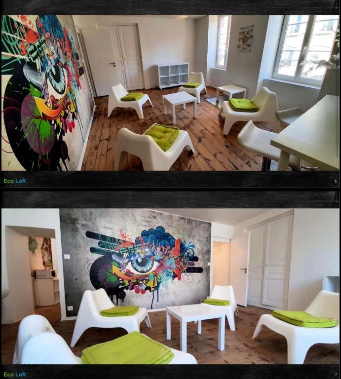 two pictures of a room with white tables and green seats at Le Loft des Remparts in Murat