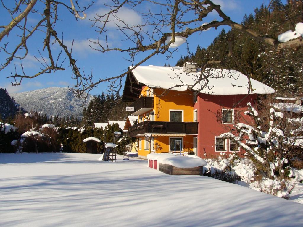 シュラートミンクにあるAppartement-Reiteralmの雪庭の雪に覆われた家