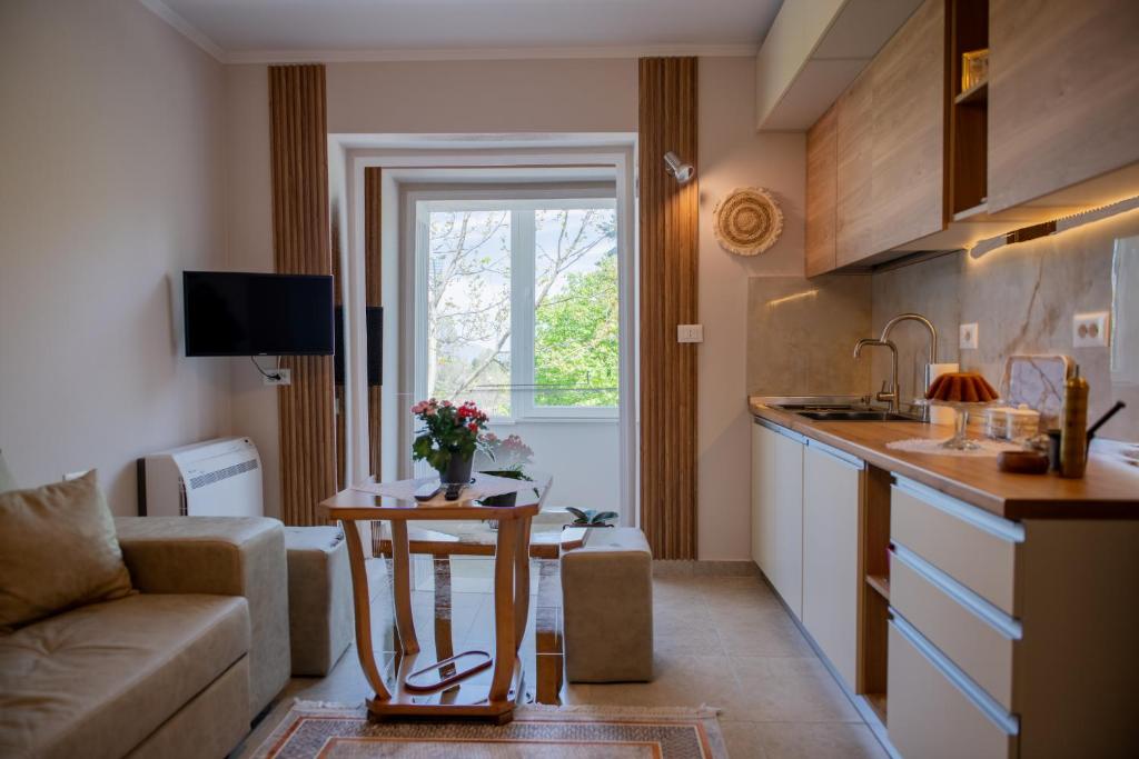 a kitchen and living room with a table and a couch at Parkview Home in Korçë