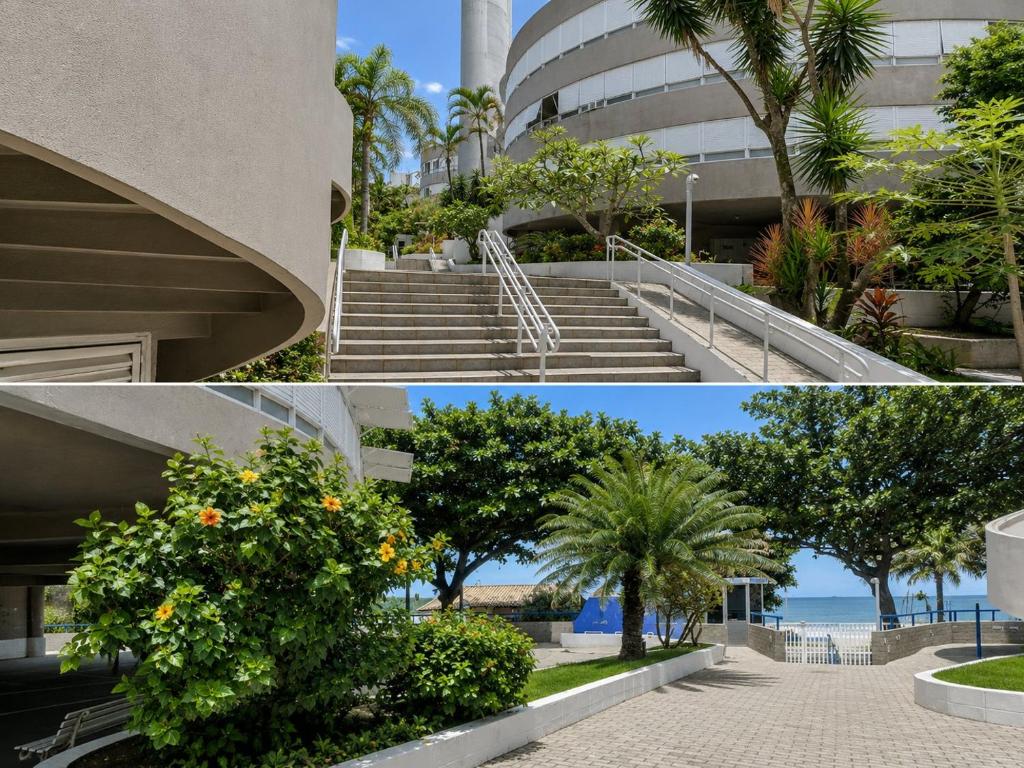 two pictures of a building with stairs and trees at 8 Apartamentos em Condomínio Fechado c/portaria presencial 24 hs à Beira mar na Praia do Tombo no Guarujá in Guarujá