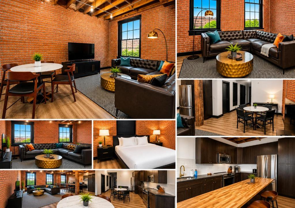 a collage of photos of a hotel room at Brick & Bed Riverfront Lofts, T 202 in Saint Louis
